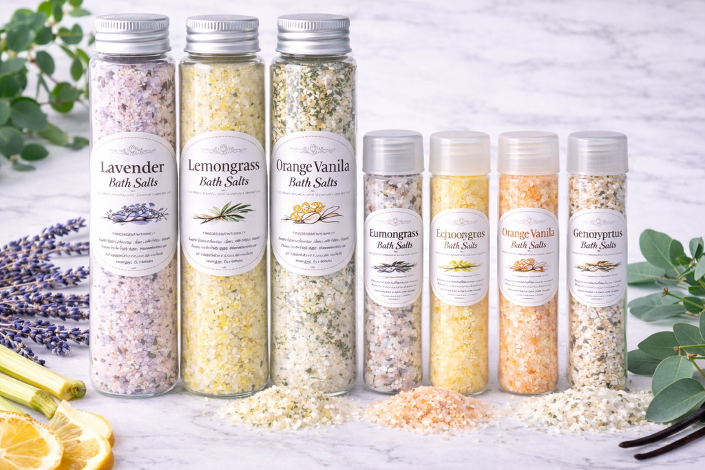 Handmade Bath Salts | Lavender, Lemongrass, Orange Vanilla & Eucalyptus | Single Use Tubes & Multi-Use Bottles
